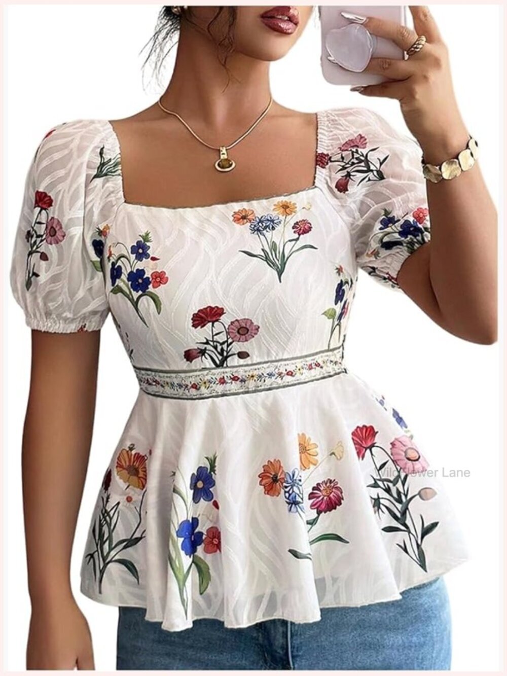 Floral Puff Sleeve Peplum Tops Square Neck Smocked Summer Blouse